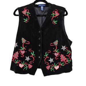 Karen Scott Christmas Vintage Embroidered Black Velvet Vest